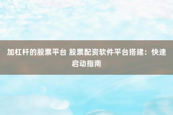 加杠杆的股票平台 股票配资软件平台搭建：快速启动指南